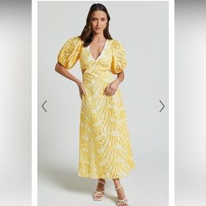 PLUNGE NECK PUFF SLEEVE SIDE CUT OUT DRESS IN WHITE AND YELLOW